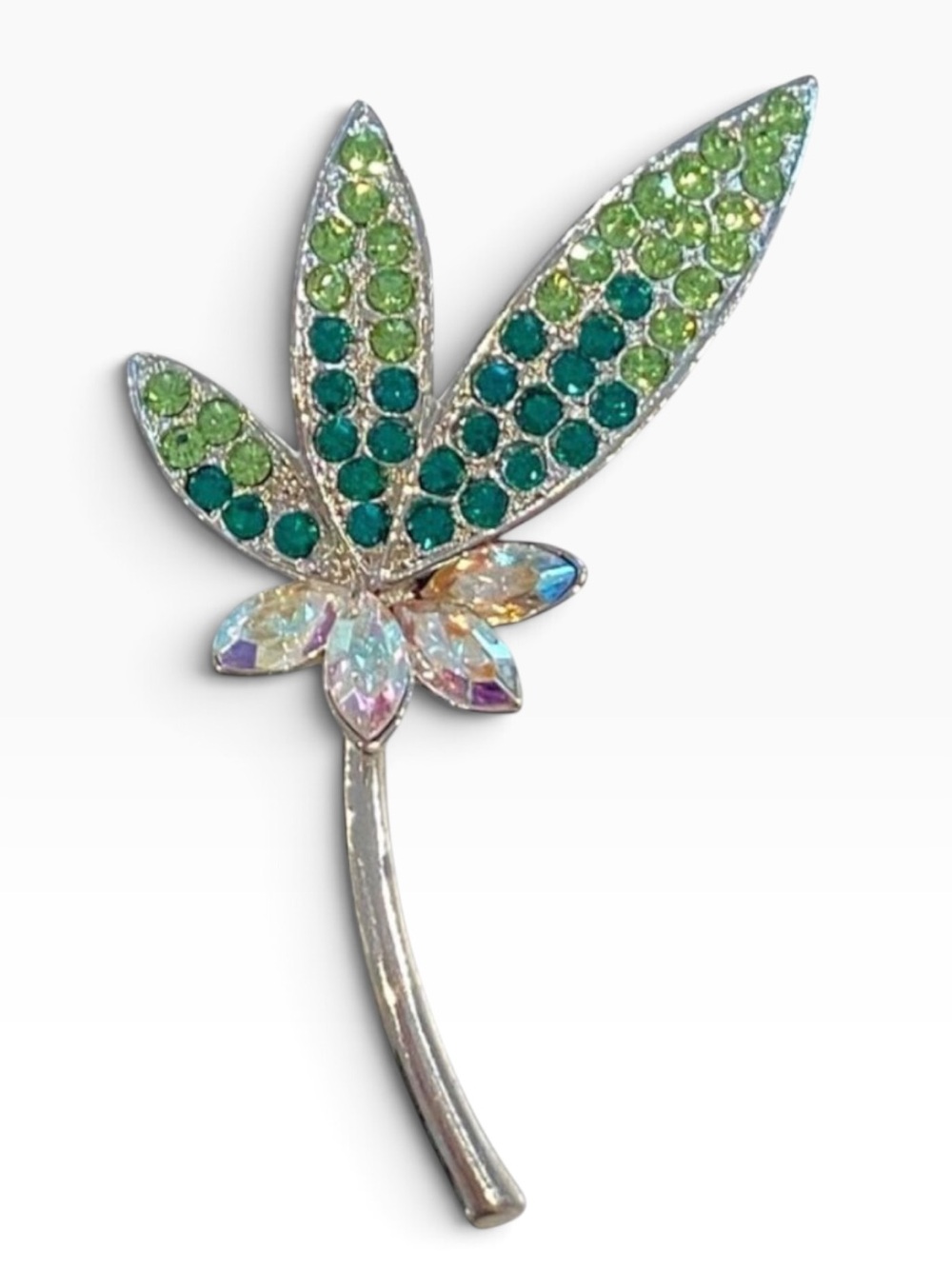 Rhinestone Leaf Brooch Pin With Green & Iridescent Stones Floral Jewelry